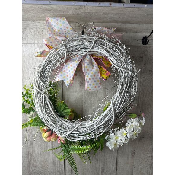 Handmade Floral Grapevine Rustic Wreath Pink Yellow Flowers Ferns w/ Ribbon Bow - Picture 5 of 6